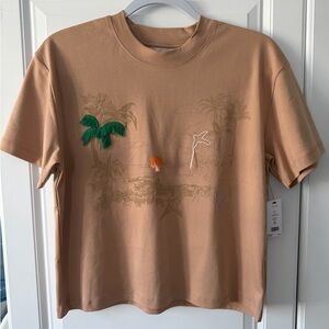Joie NWT XS Tan Nougat Crop Tee Tropical Embroidery Neutral Resort